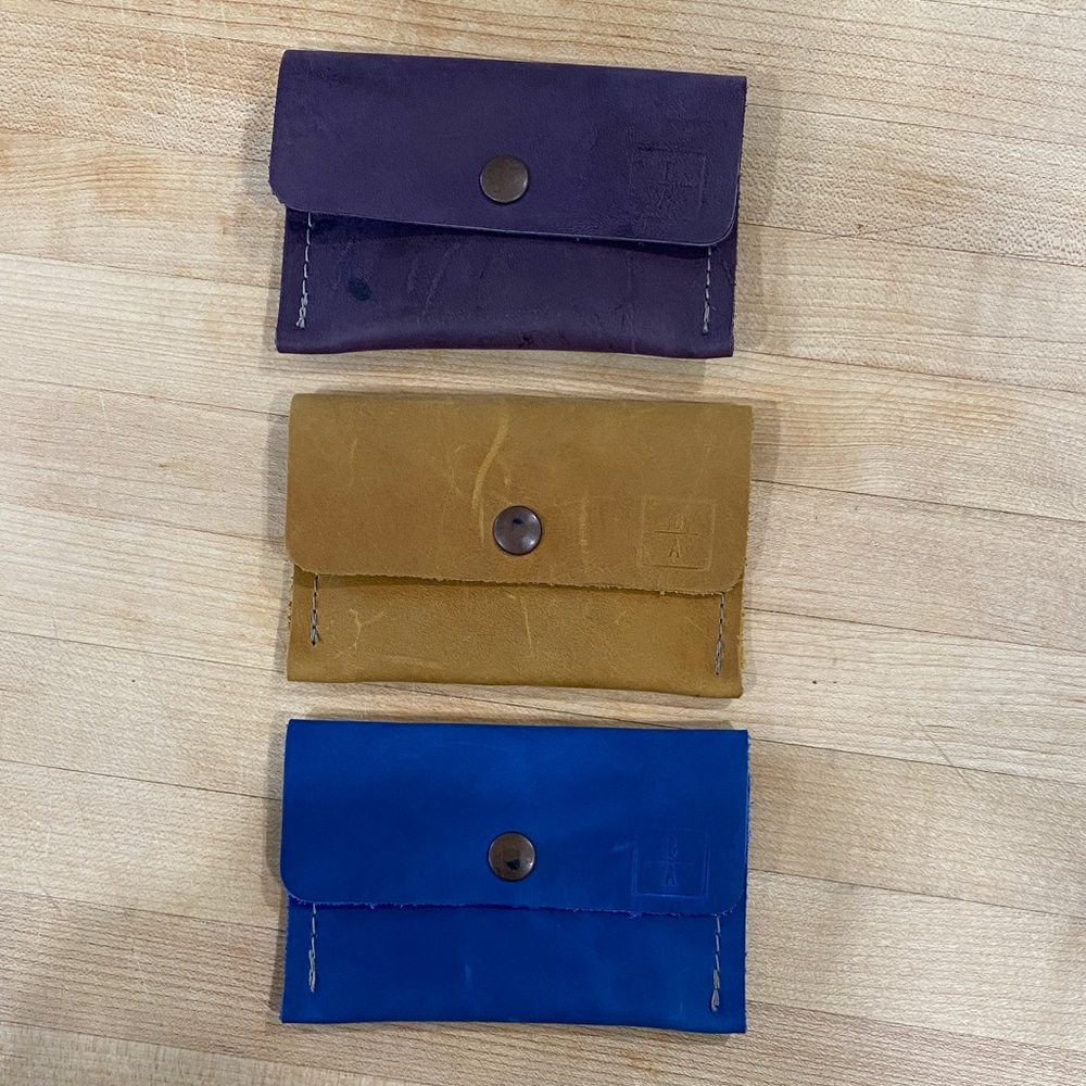 Set of Three Leather Card Holders in Purple, Tan, and Blue
